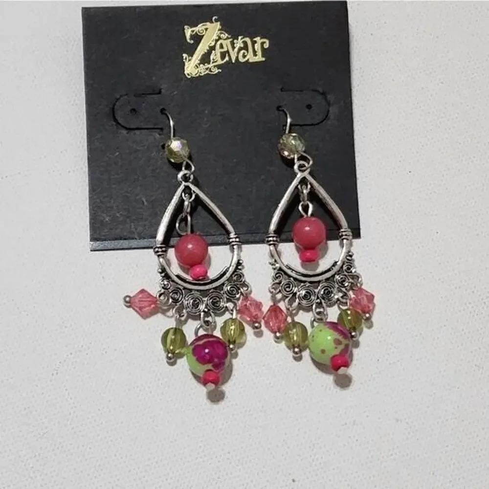 Zevar Pink Green Beaded Teardrop Chandelier Earrings Silver Tone Boho Dangle